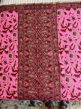 Vibrant Pink & Maroon Batik Fabric Sarong Panel Gold Metallic Bird Floral Trim